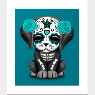 Cute Teal Blue Day of the Dead Puppy Dog Posters and Art